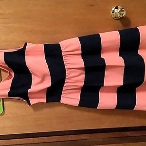 B.Smart navy blue and salmon striped dress